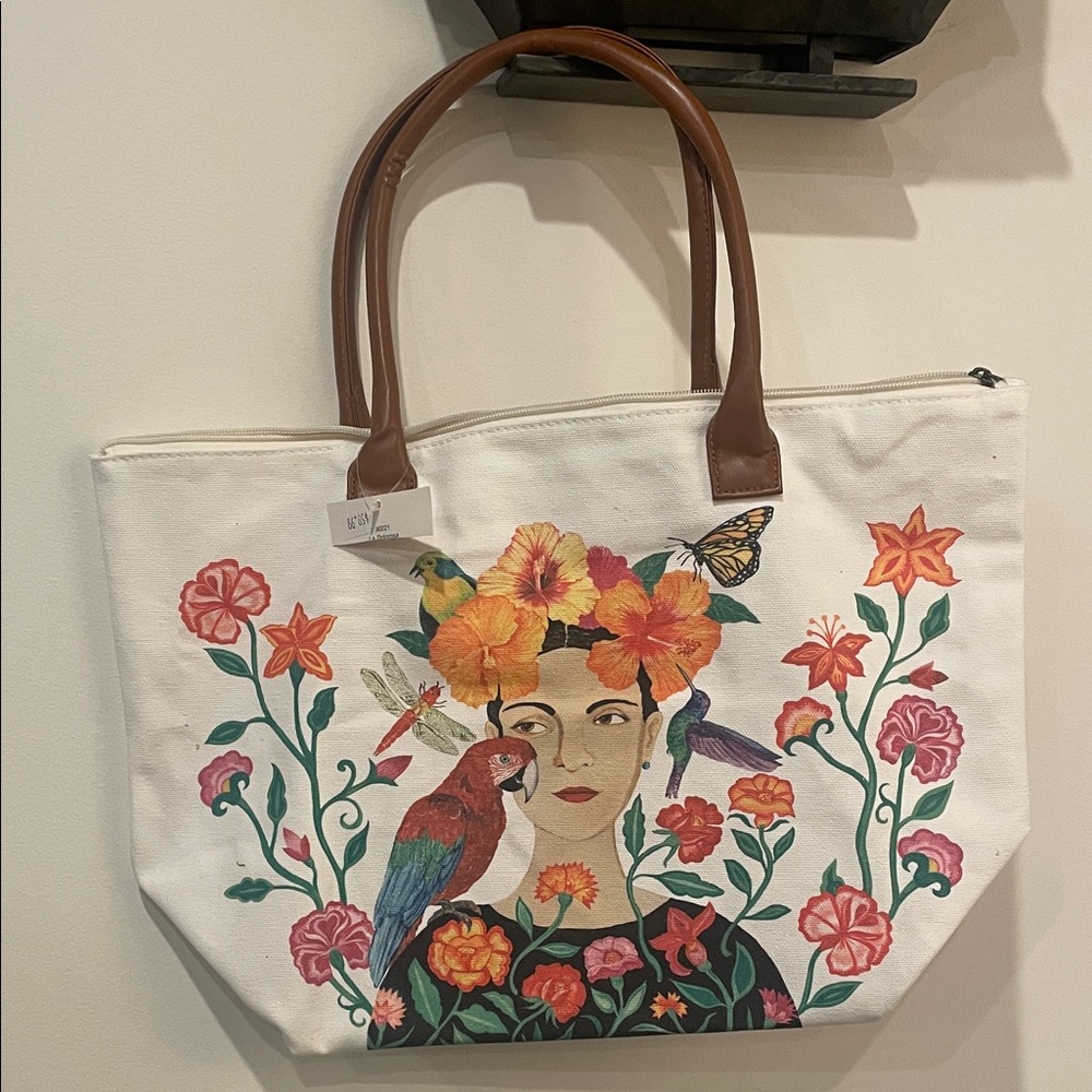 Artistic Floral Tote Bag with Brown Handles.Perfect for shopping,college,work